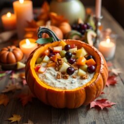 caramel toffee fruit dip in a pumpkin