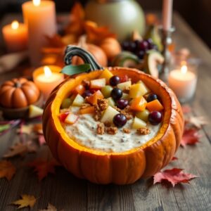 caramel toffee fruit dip in a pumpkin